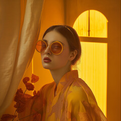 Fashion photo of a girl in sunglasses on an orange background