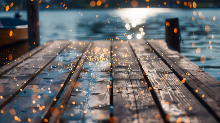 Wall Mural - A wooden dock with a body of water in the background