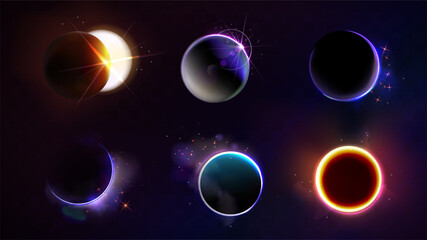 Wall Mural - total and partial solar eclipse with different neon glow colors on dark night sky background. realis