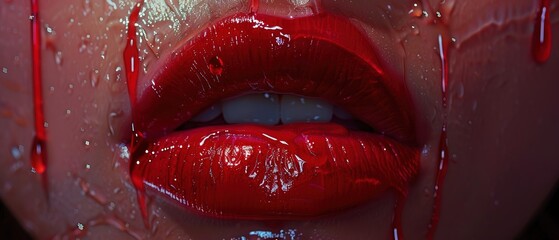 Wall Mural - Dripping wet woman's red lips 