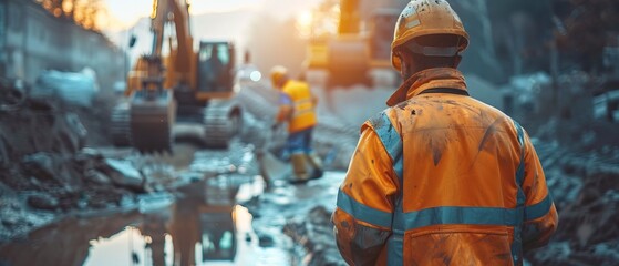 Wall Mural - Group of worker and construction engineer wear safety uniform excavation water drainage at construction site