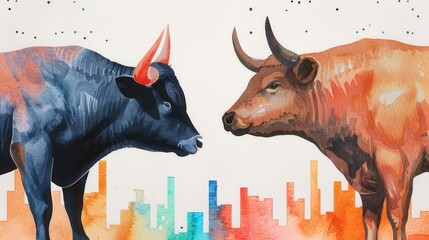 Colorful watercolor illustration of two bulls facing each other in front of a city skyline, symbolizing strength and competition.