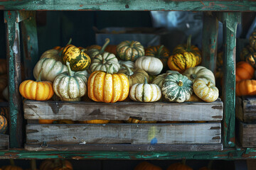 Wall Mural - Small colorful pumpkins in crates at market