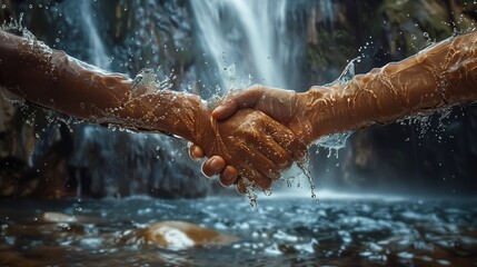 Poster - A realistic graph of two hands made of water splashes coming together in a handshake, with the background featuring a misty waterfall, the mist adding a magical atmosphere to