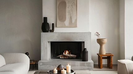 A minimalist fireplace with a solid-colored mantle, a few luxurious candles, and a single, high-quality piece of art hanging above