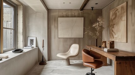 Wall Mural - A minimalist home office with a sleek wooden desk, a single high-end leather chair, and a few carefully chosen art pieces on the walls