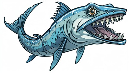 A cartoon style illustration of a barracuda attacking, with exaggerated features such as large teeth and intense eyes, set against a simple white background. The playful design