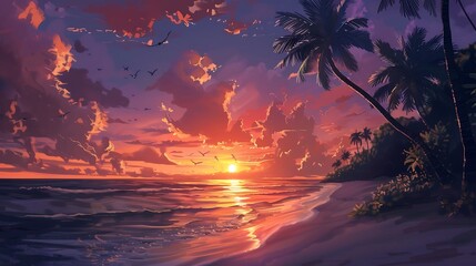 Poster - Sunset Beach with Palm Trees