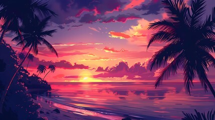 Poster - Sunset Beach with Palm Trees