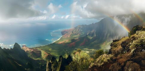 Sticker - a rainbow over the mountain range on Kauai, Hawaii with ocean in background. Shot from top of 