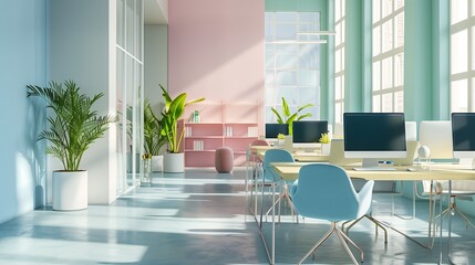 Poster - A realistic of a modern office interior designed in pastel tones. The office features sleek desks with high-end computers and various office equipment. Soft pastel colors