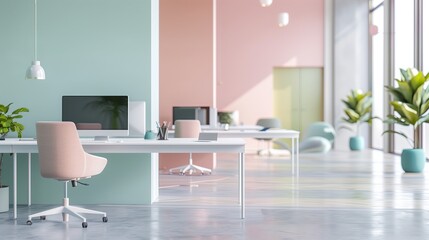 Poster - A realistic of a modern office interior in pastel tones, featuring sleek desks with high-end computers and office equipment. The background is artistically blurred, focusing