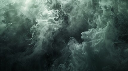 Poster - A realistic of smoke clouds dramatically illuminated in shades of gray and green on an abstract background. The smoke swirls and twists with vibrant highlights of light,