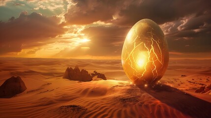 Wall Mural - Surreal desert landscape with glowing golden egg, dreamy sky, ultra realistic photography style, high resolution image, very detailed, cinematic lighting, soft light 