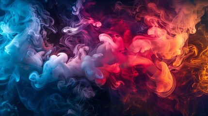 Poster - A realistic of smoke clouds dramatically illuminated on an abstract background. The smoke is swirling and twisting, with vibrant colors of light reflecting off the plumes,