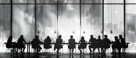 Wall Mural - Office team meeting, silhouettes of company employees and coworkers sitting around the table and discussing business topics