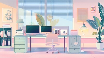 Poster - An illustration in flat style depicting a contemporary office interior in pastel shades. The office is equipped with modern computers and office machines, set against a backdrop of