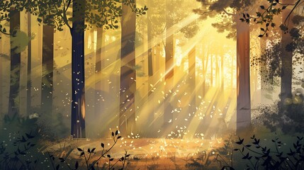 Wall Mural - An illustration in flat style depicting sunbeams streaming through the tall trees of a forest at dawn. The soft golden light highlights the textures of the bark and the delicate