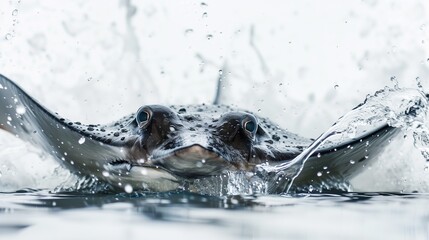 Poster - An intense graph of a stingray attacking, tail barbed and eyes focused, on a pristine white background. The scene is captured in perfect clarity, showcasing the fierce energy