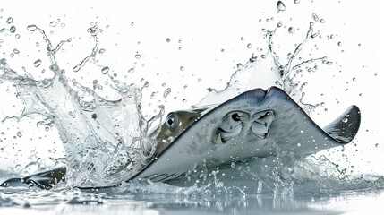 Poster - An intense graph of a stingray attacking, tail barbed and eyes focused, on a pristine white background. The scene is captured in perfect clarity, showcasing the fierce energy