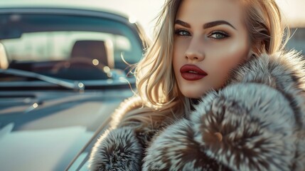 Sensual glamorous woman in fur coat posing next to car, sexy woman in casual clothes