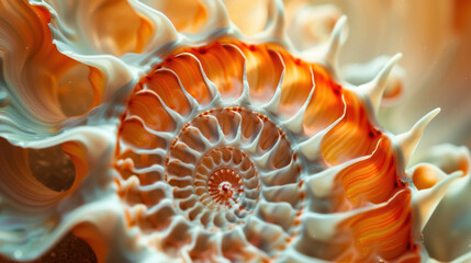 Wall Mural - A macro photograph of a spiral shell, intricate orange and white patterns, top-down view