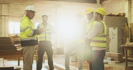 Canvas Print - Construction team, briefing and safety check on site for compliance, accountability and ppe with helmet. People, meeting and worker inspection in building for regulation, management and protection