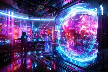 Poster - Futuristic sci-fi control room with neon lights, holographic displays, and a figure in a spacesuit interacting with technology.
