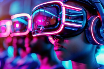 Poster - Group of people wearing neon-lit virtual reality headsets in futuristic setting, immersed in digital experience.