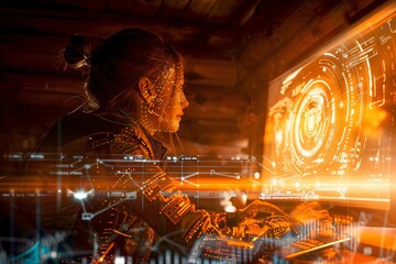 Poster - woman engrossed in futuristic interface with holographic display, set in cyberpunk environment. conc