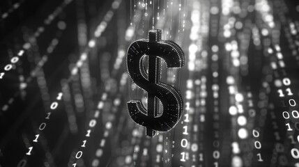 Poster - Digital wallet with dollar symbol, binary code background, AI algorithm, monochrome theme