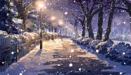 Wall Mural - walkway in park winter anime cartoon style