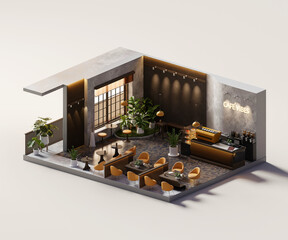 Poster - Isometric room minimal cafe store open inside interior architecture 3d rendering	
