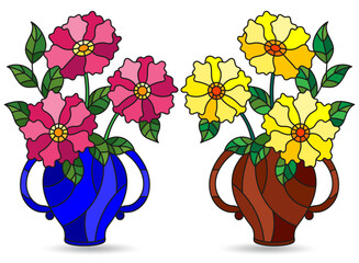 Wall Mural - A set of stained glass illustrations with still lifes, vases with flowers and fruits isolated on a white background