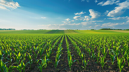 Wall Mural - Large corn fields under blue sky and white clouds