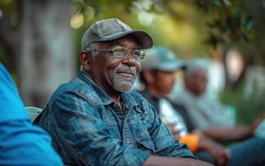 Poster - A man wearing a blue plaid shirt and a hat is smiling. He is sitting on a bench with other people