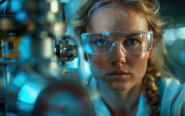 A woman wearing safety glasses is looking at a machine. Concept of caution and focus, as the woman is likely working in a lab or a similar environment where safety is a priority