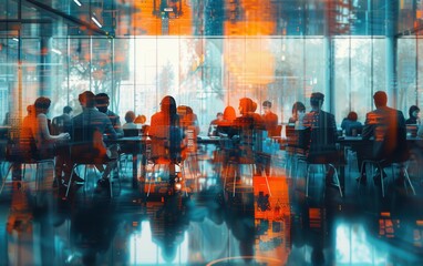 Poster - A group of people are sitting at tables in a restaurant. The tables are filled with chairs and people are eating and talking. The atmosphere is lively and social