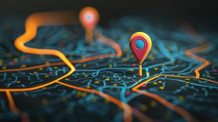 A detailed map displaying a specific location marked with two vibrant pins, symbolizing the starting and destination points in a GPS navigation system used for efficient route planning and guidance.