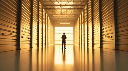 Poster - The silhouette of a manager stands at a distance in a warehouse, observing the cargo arrangements. The wide-angle shot provides ample copy space.