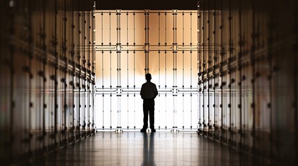 Poster - a silhouette of a manager is captured against the backdrop of a large cargo storage area, with the l