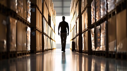 Poster - In a dimly lit warehouse, the silhouette of a manager walks between rows of cargo, creating a striking visual with plenty of copy space.