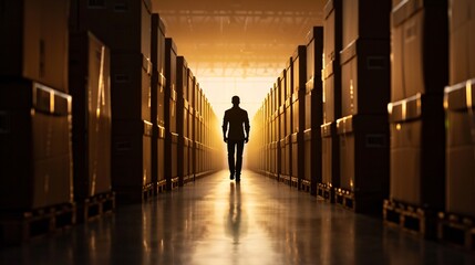 Poster - In a dimly lit warehouse, the silhouette of a manager walks between rows of cargo, creating a striking visual with plenty of copy space.