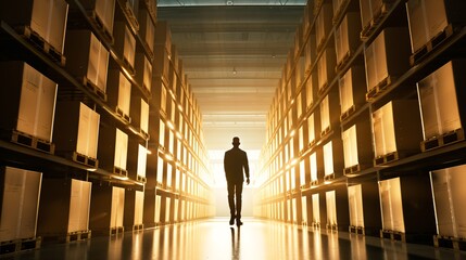 Poster - In a dimly lit warehouse, the silhouette of a manager walks between rows of cargo, creating a striking visual with plenty of copy space.