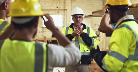 Sticker - Construction team, ppe and safety check on site for compliance, accountability and briefing with helmet. People, meeting and worker inspection in building for regulation, management and protection