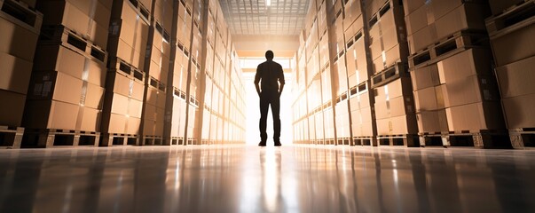 Poster - a silhouette of a manager stands in the foreground, overlooking rows of stacked cargo in a vast ware