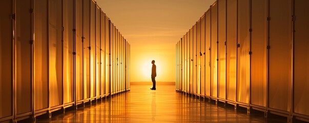 Poster - in a spacious storage facility, the silhouette of a manager inspects the cargo, with the backlightin