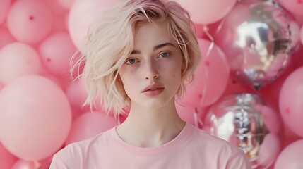 Young Woman with Blonde Hair Posing Amongst Balloons