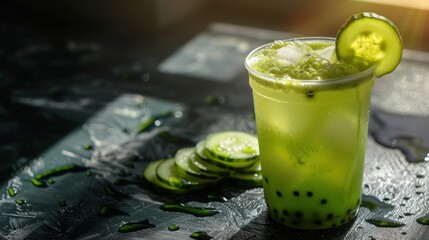 Canvas Print - A green drink with cucumber slices on the side