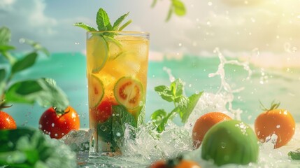 Wall Mural - A glass of lemonade, tomatoes, and mint leaves